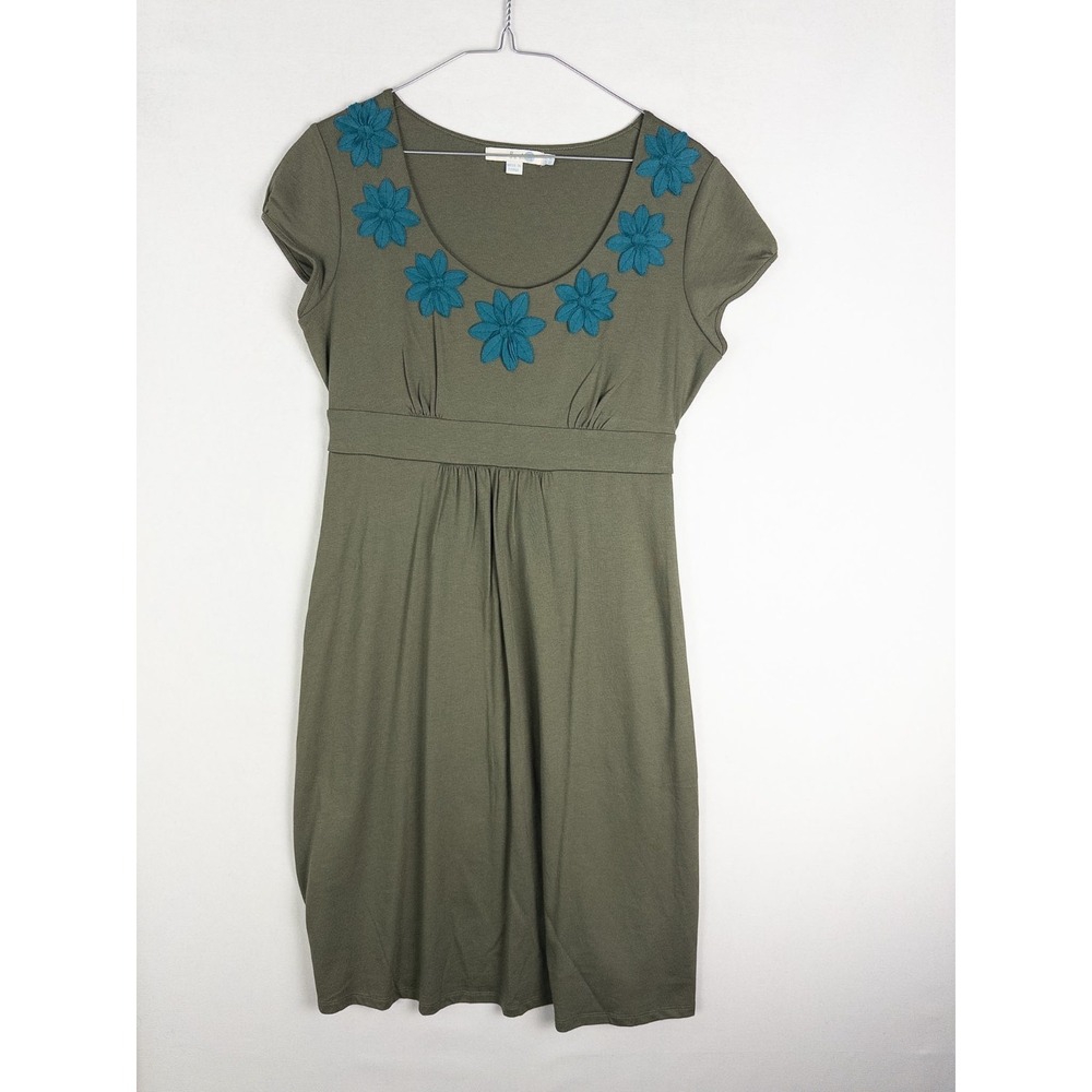 Boden Embellished Dress Womens 6R Olive Green Floral Shirt Ruffle Knee Spring